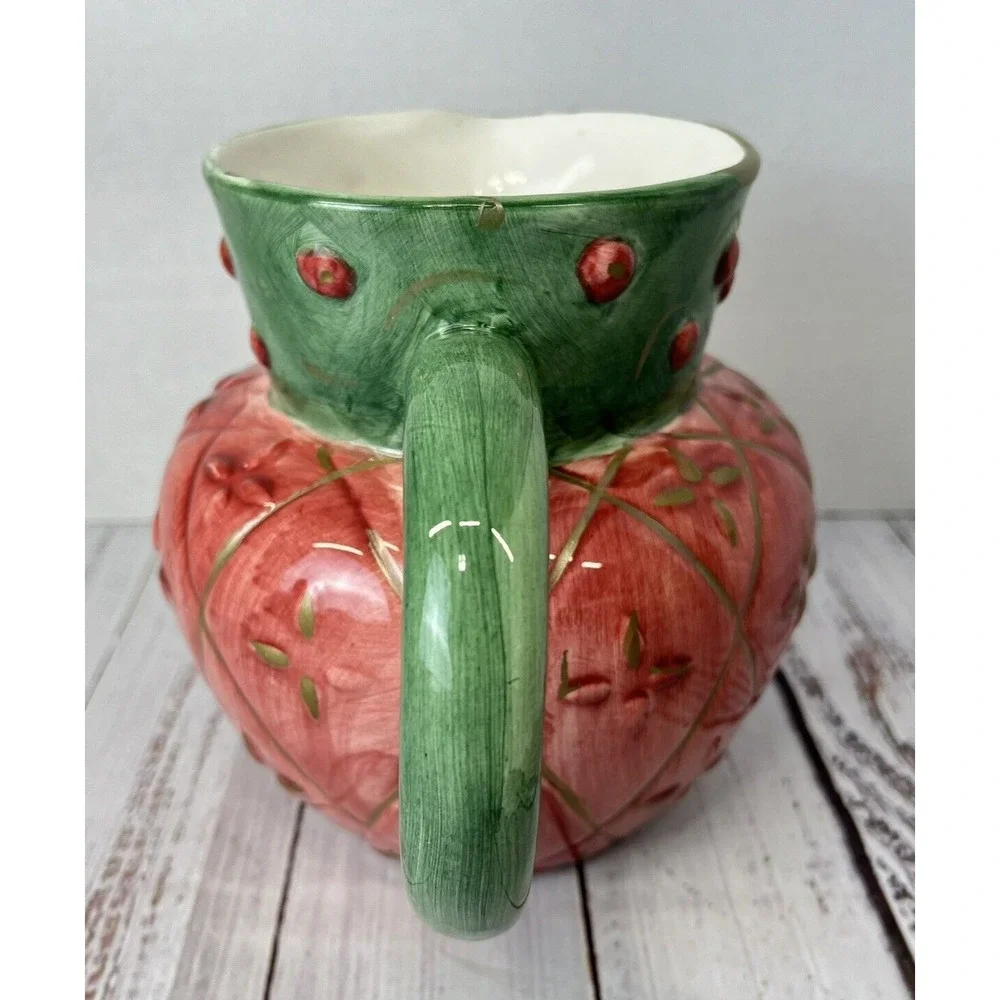 Vtg 1995 Llauter Collection Pitcher Jar Green Pink Gold Ceramic Strawberry
